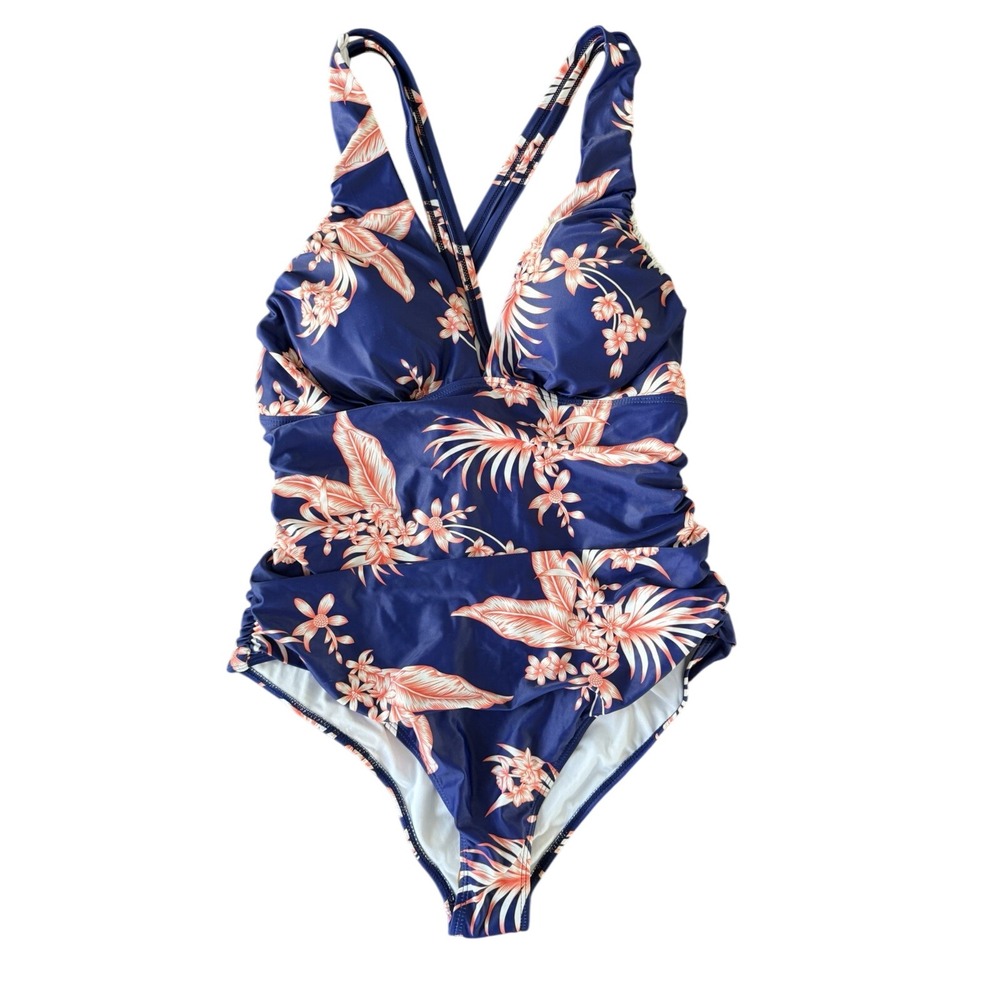 NWT YOU DI AN Women's XL Navy Floral Print Shirred One Piece Swimsuit | SKU 0318